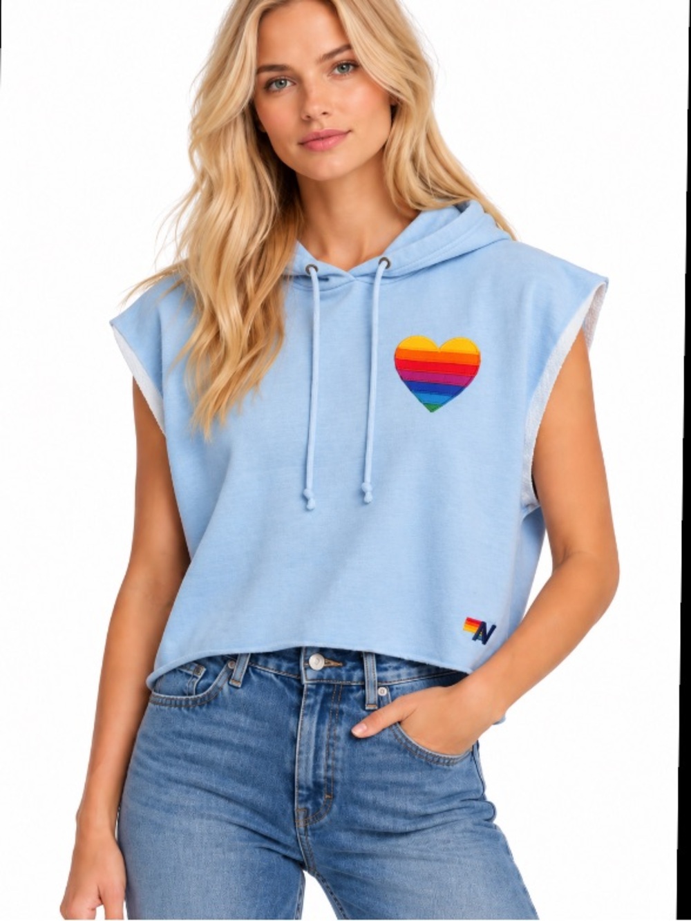 Aviator Nation Rainbow Heart Stitch Sleeveless Cropped Pullover Hoodie